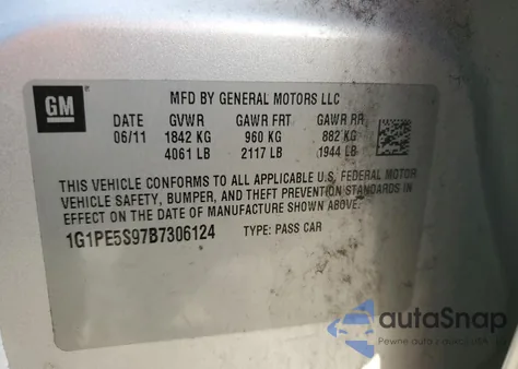 2011 Chevrolet Cruze Lt from USA, damaged, VIN 1G1PE5S97B7306124